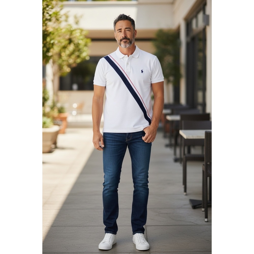 US Polo Assn Mens White Diagonal Stripe Logo Polo Shirt Large Short Sleeve L